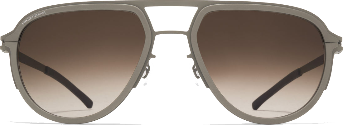 משקפי שמש MYKITA | RIMOWA במבט חזית: מסגרת מתכת מט בגוון חאקי בהיר, עדשות חומות מדורגות וגשר כפול